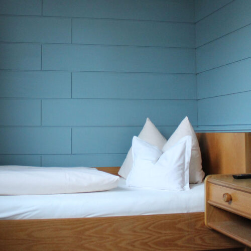 Einzelzimmer mit blauer Holzwand